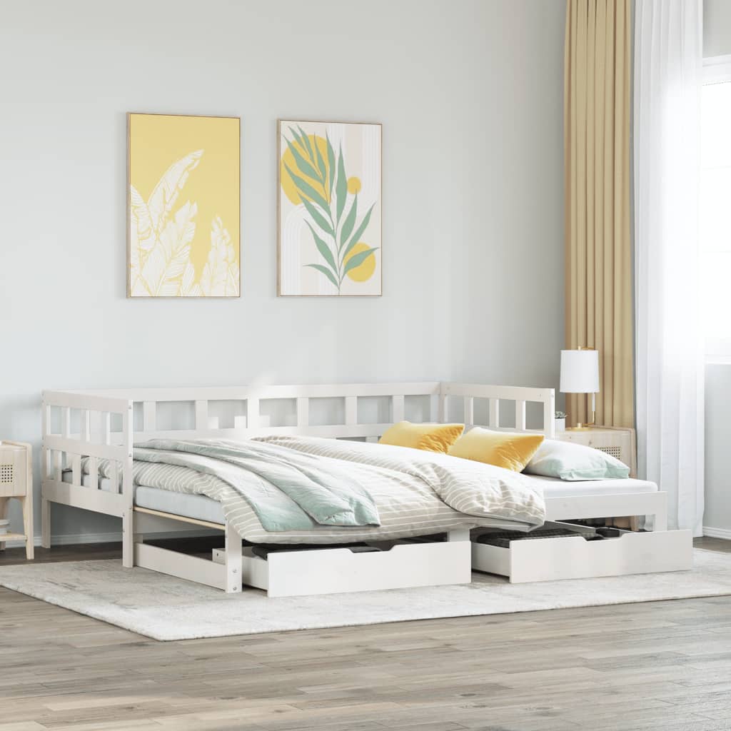 Fehér tömör fenyőfa kihúzható kanapéágy fiókkal 90 x 200 cm