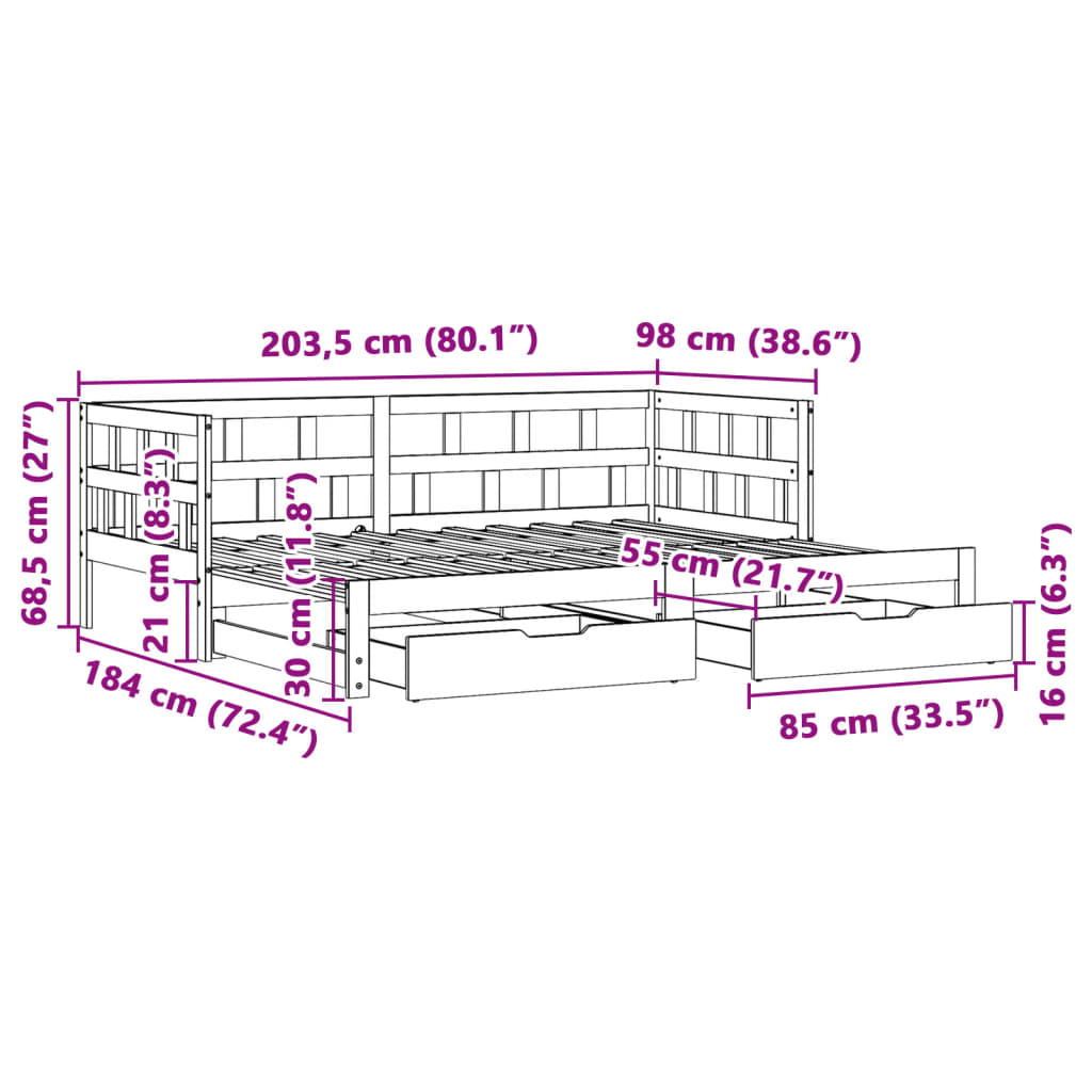 Fehér tömör fenyőfa kihúzható kanapéágy fiókkal 90 x 200 cm