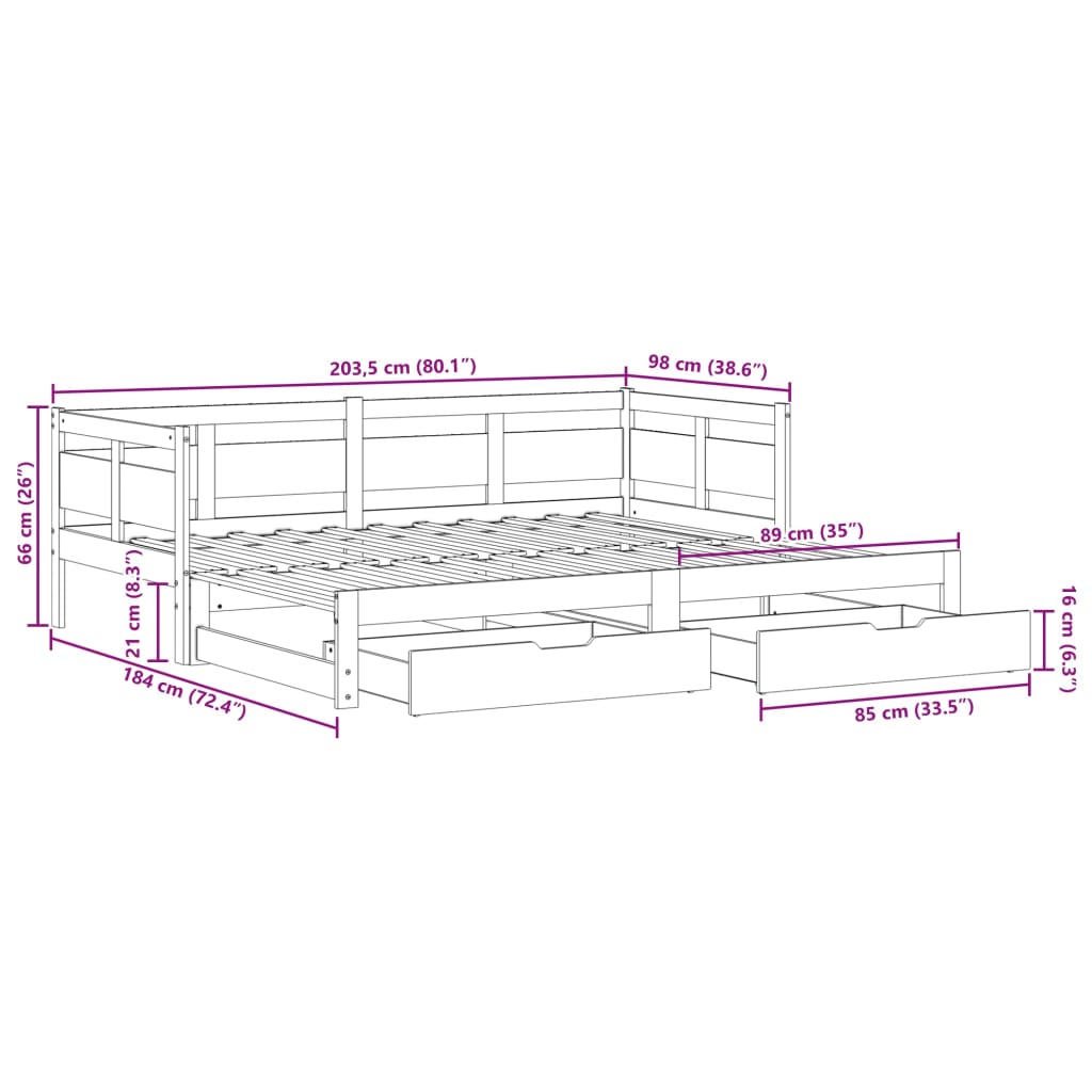 Tömör fenyőfa kihúzható kanapéágy fiókkal 90 x 200 cm