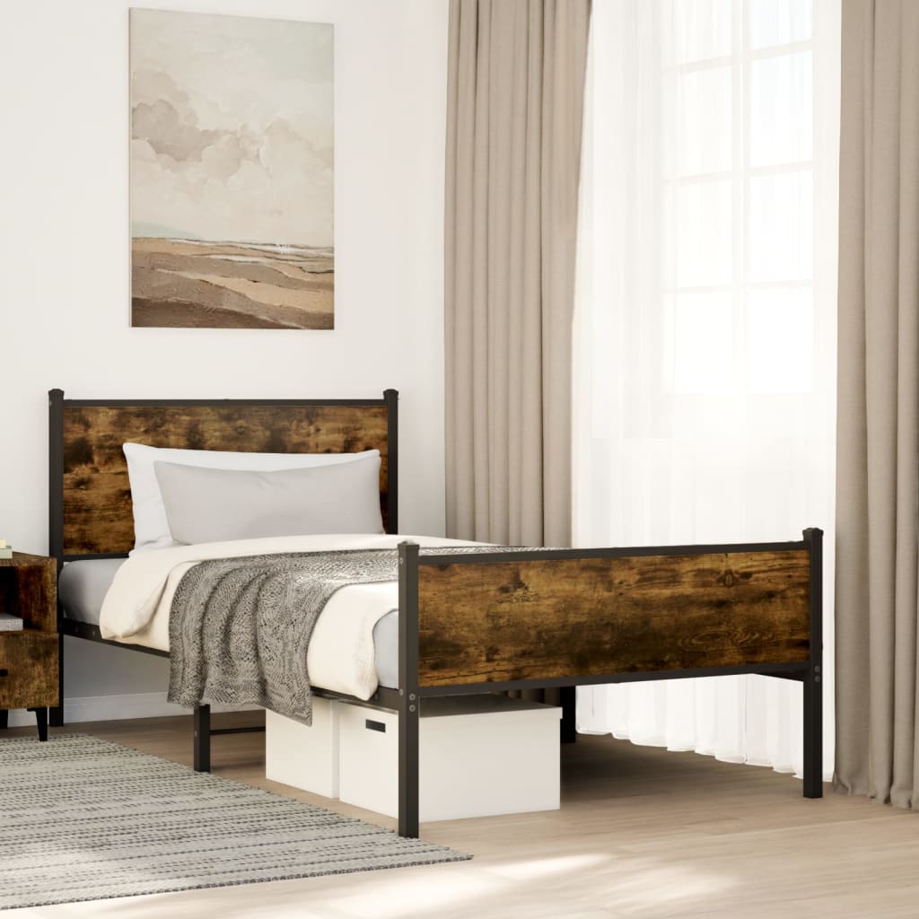 Füstös tölgyszínű fém ágykeret fej- és lábtámlával 100 x 190 cm