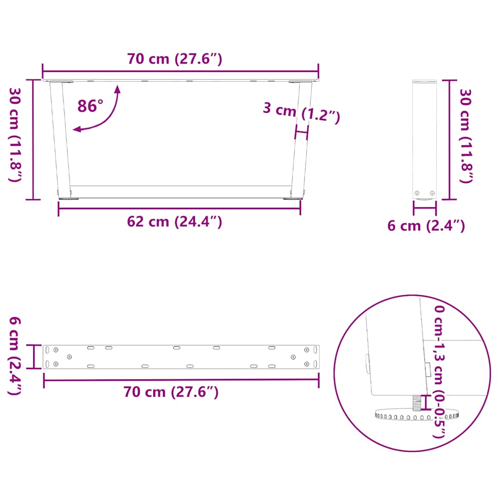 Étkezőasztal lábak v-alakú 2 db antracit 70x(30-31,3)cm acél