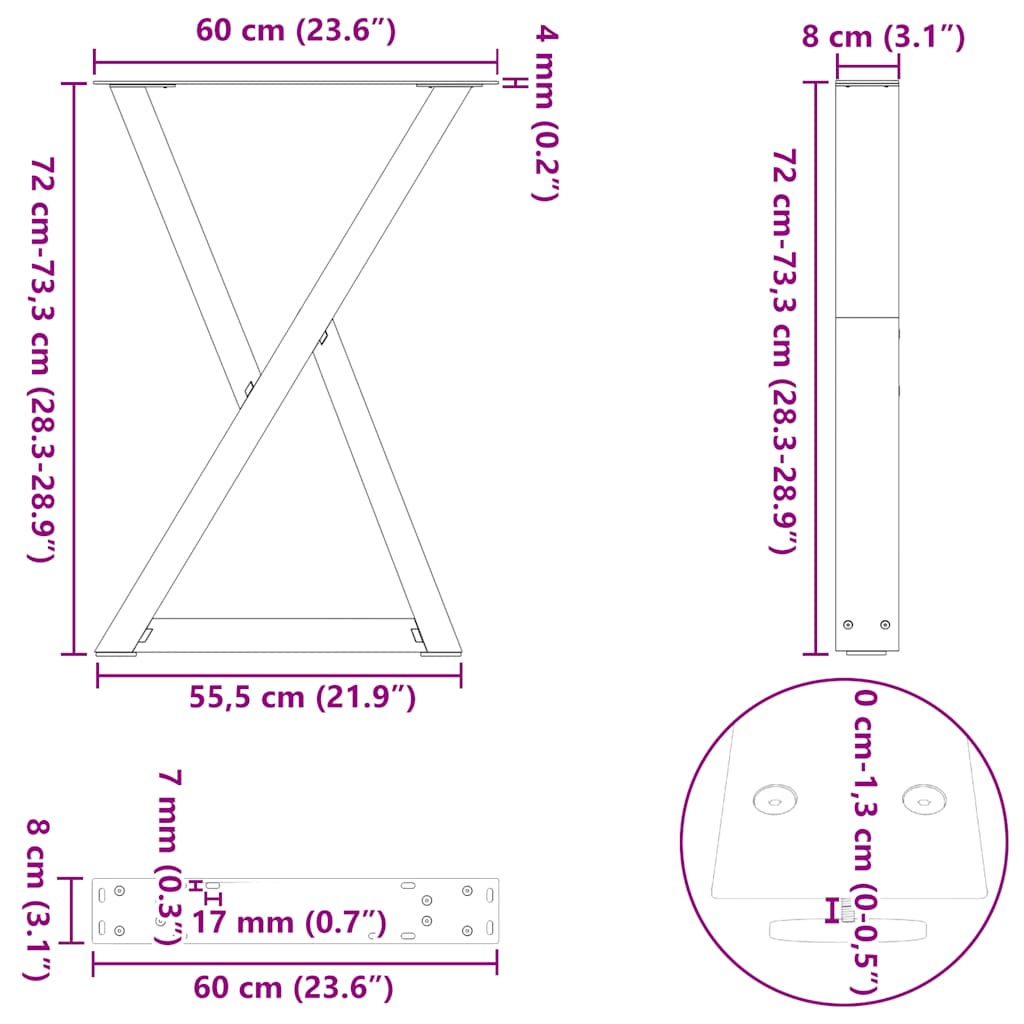 2 db fekete acél étkezőasztal láb 60 x (72-73,3) cm