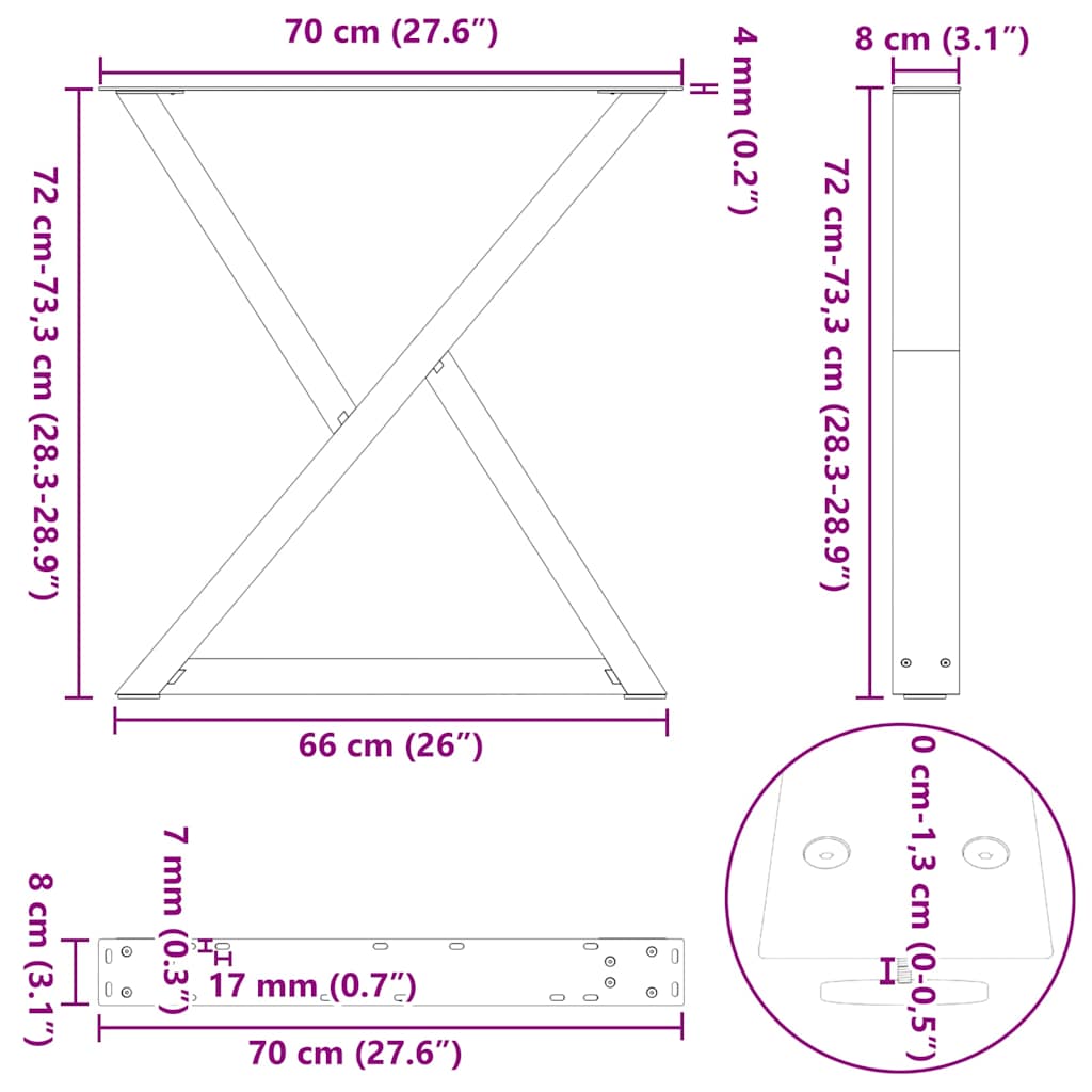 2 db fekete acél étkezőasztal láb 70 x (72-73,3) cm