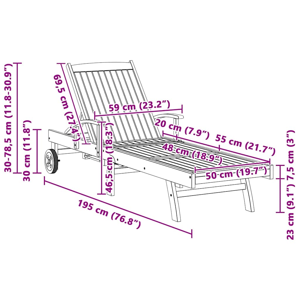 Napozóágy párnával barna 195 x 59 x 78,5 cm tömör teakfa