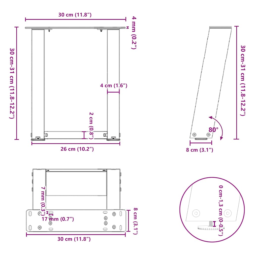 2 db antracit acél dohányzóasztal lábak u-alakú 30x(30-31) cm