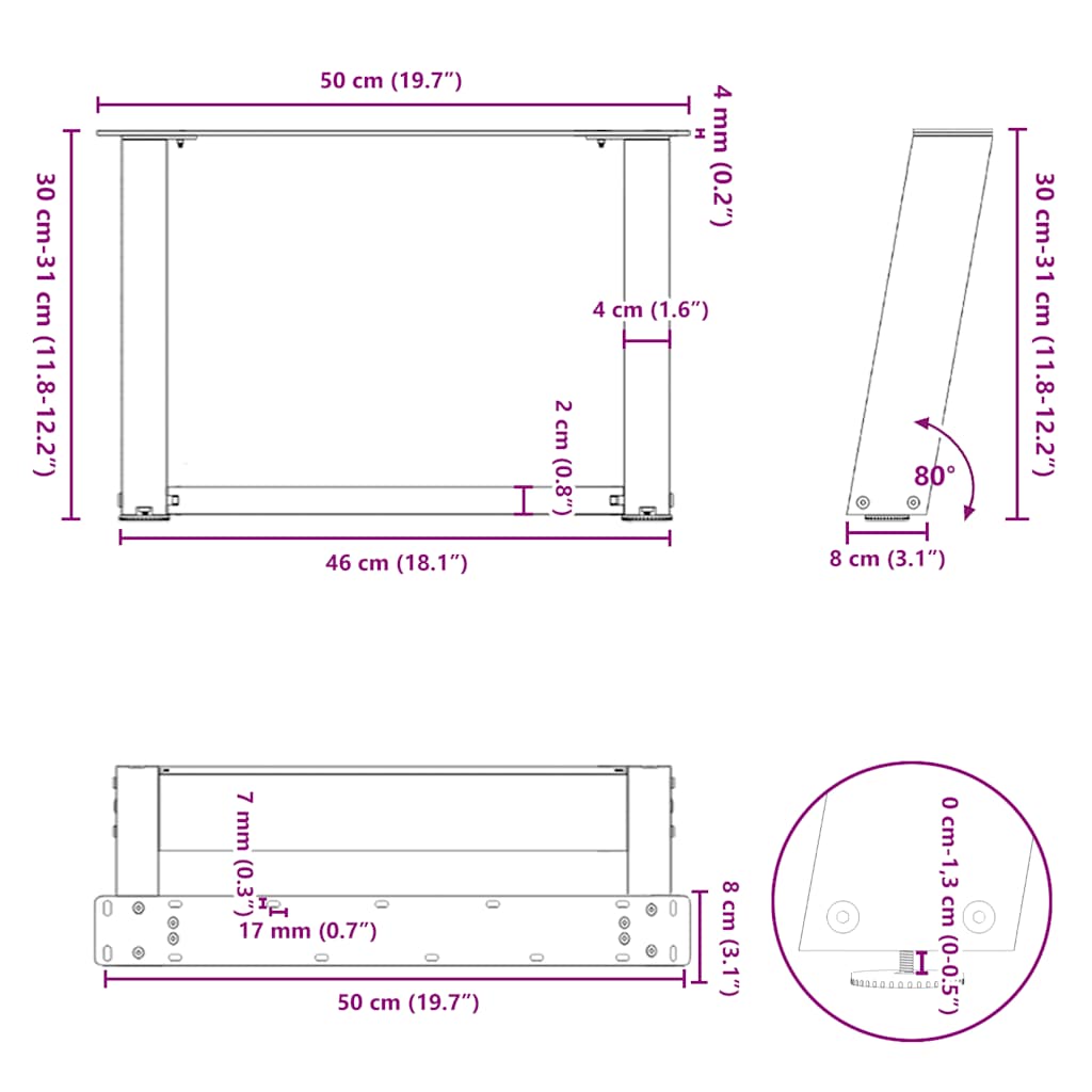 2 db antracit acél dohányzóasztal lábak u-alakú 50x(30-31) cm