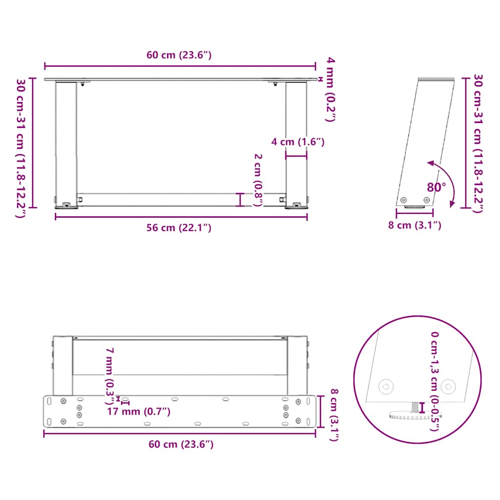 2 db antracit acél dohányzóasztal lábak u-alakú 60x(30-31) cm