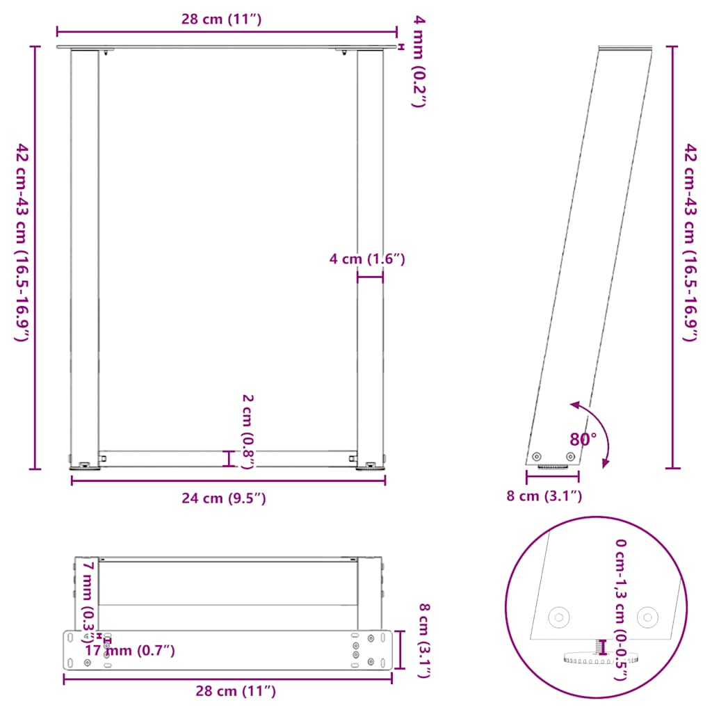 2 db acél fekete dohányzóasztal lábak u-alakú 28x(42-43) cm