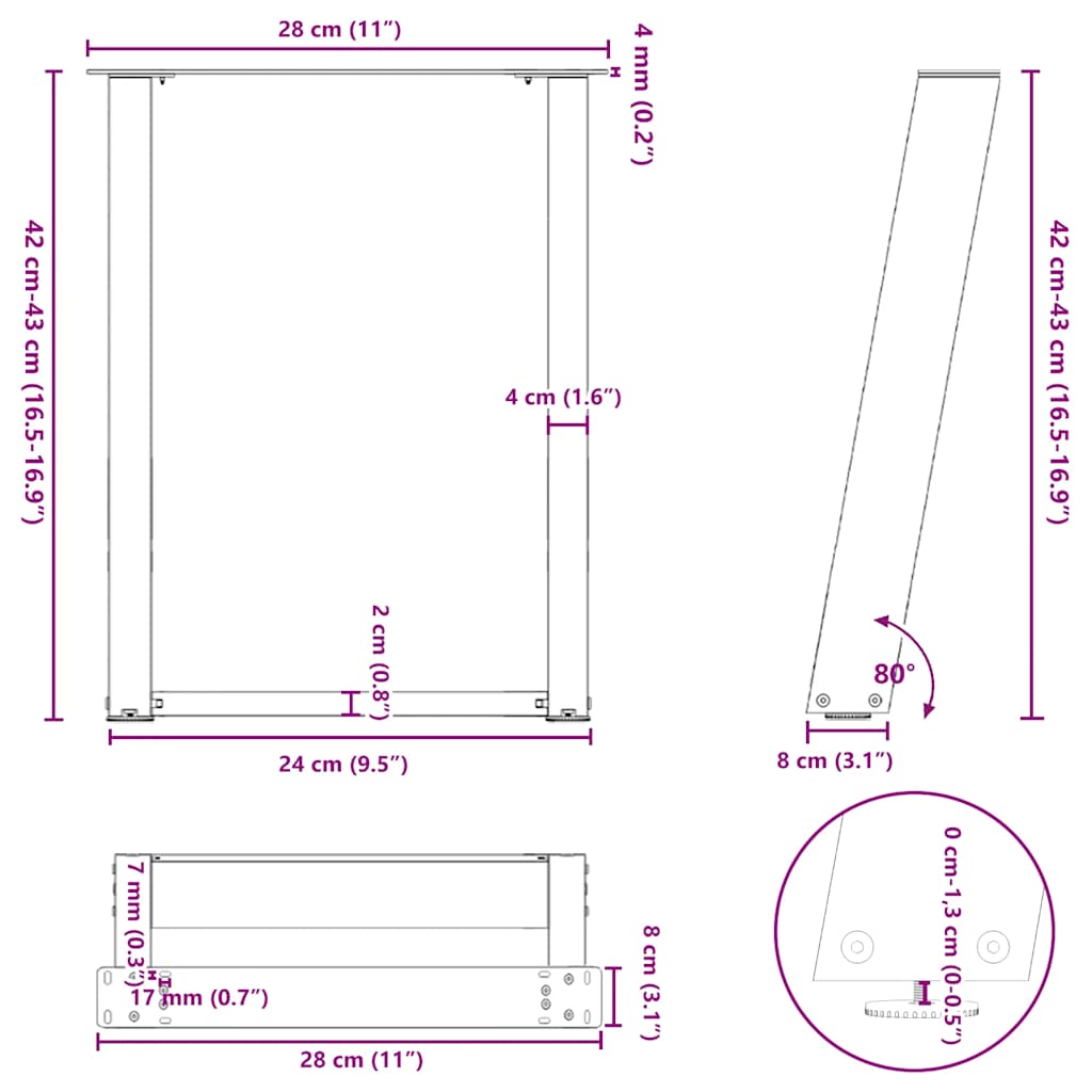 2 db acél fehér dohányzóasztal lábak u-alakú 28x(42-43) cm