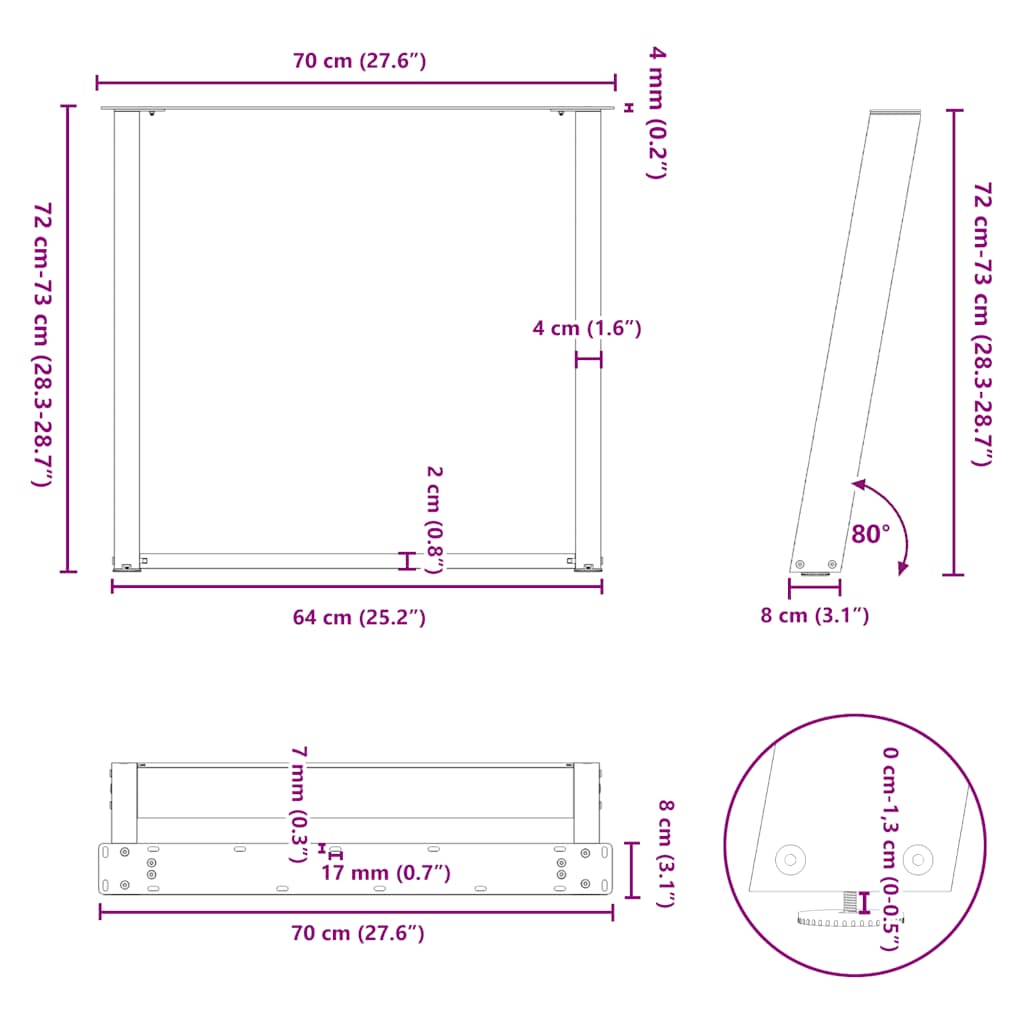 2 db antracit acél étkezőasztal lábak u-alakú 70x(72-73) cm