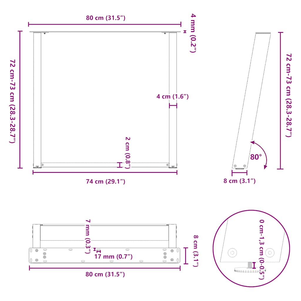 2 db antracit acél étkezőasztal lábak u-alakú 80x(72-73) cm
