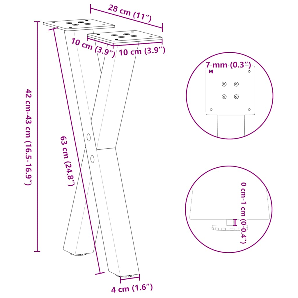 2 db acél fekete dohányzóasztal lábak x-alakú 28x(42-43) cm