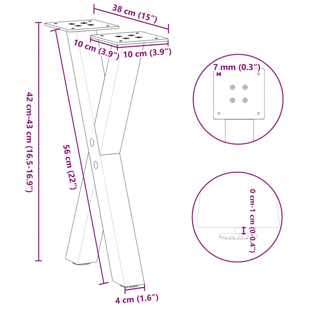 2 db acél fekete dohányzóasztal lábak x-alakú 38x(42-43) cm 2 db acél fekete dohányzóasztal lábak x-alakú 38x(42-43) cm