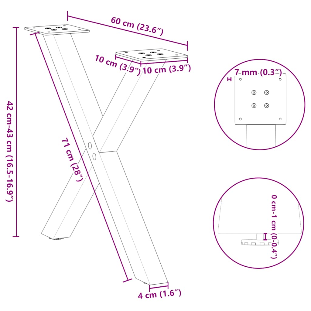 2 db acél fekete dohányzóasztal lábak x-alakú 60x(42-43) cm