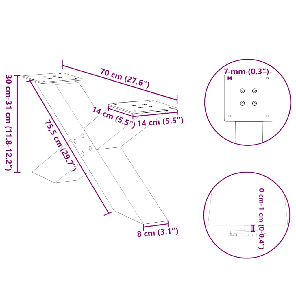 2 db acél fekete dohányzóasztal lábak x-alakú 70x(30-31) cm