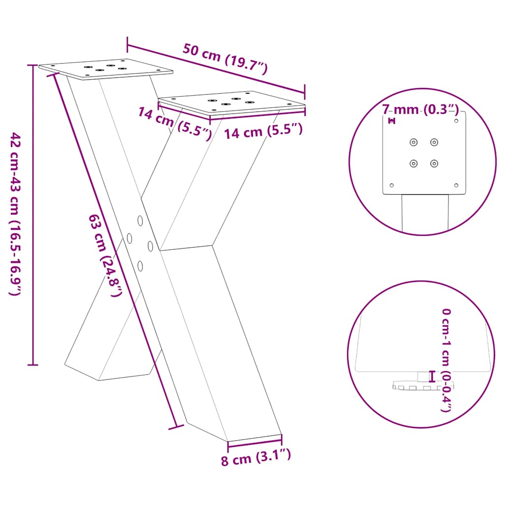 2 db acél fekete dohányzóasztal lábak x-alakú 50x(42-43) cm