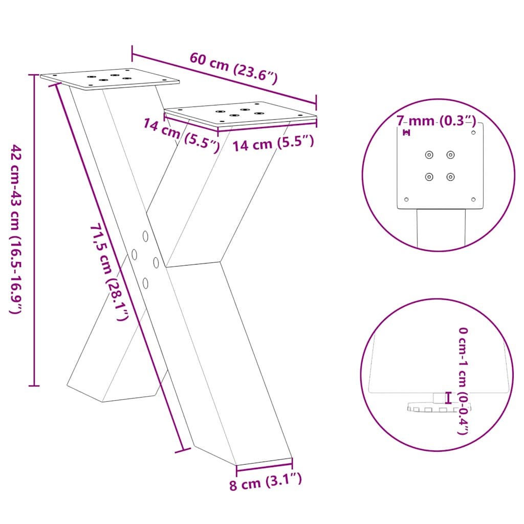 2 db acél fekete dohányzóasztal lábak x-alakú 60x(42-43) cm