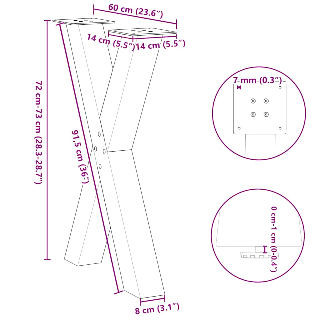 2 db antracit acél étkezőasztal lábak x-alakú 60x(72-73) cm