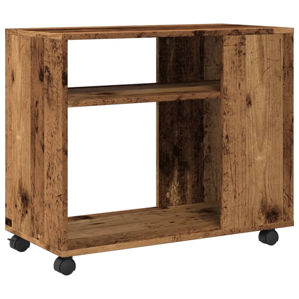 Antik fa színű szerelt fa kisasztal kerekekkel 70 x 35 x 60 cm