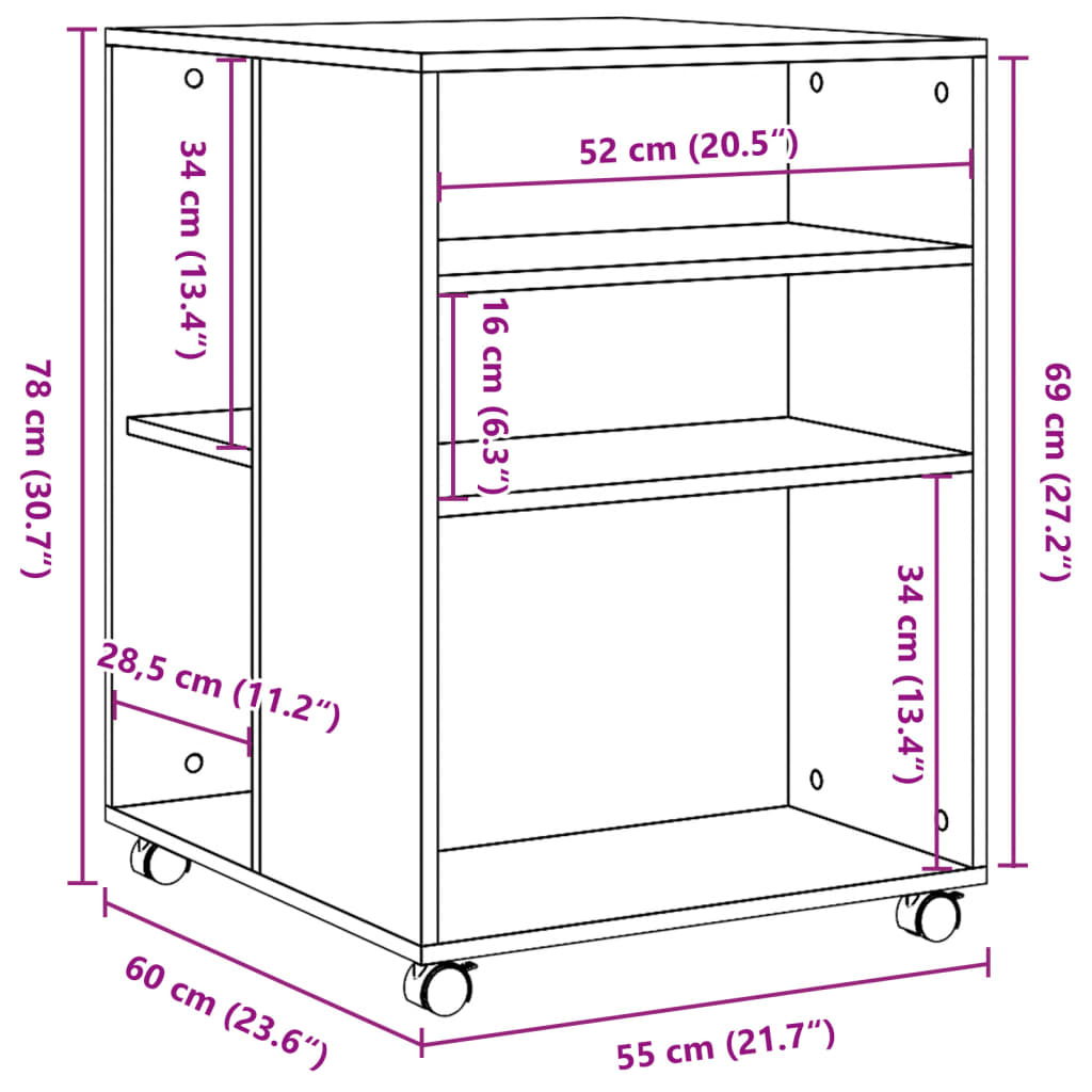 Betonszürke szerelt fa kisasztal kerekekkel 55 x 60 x 78 cm