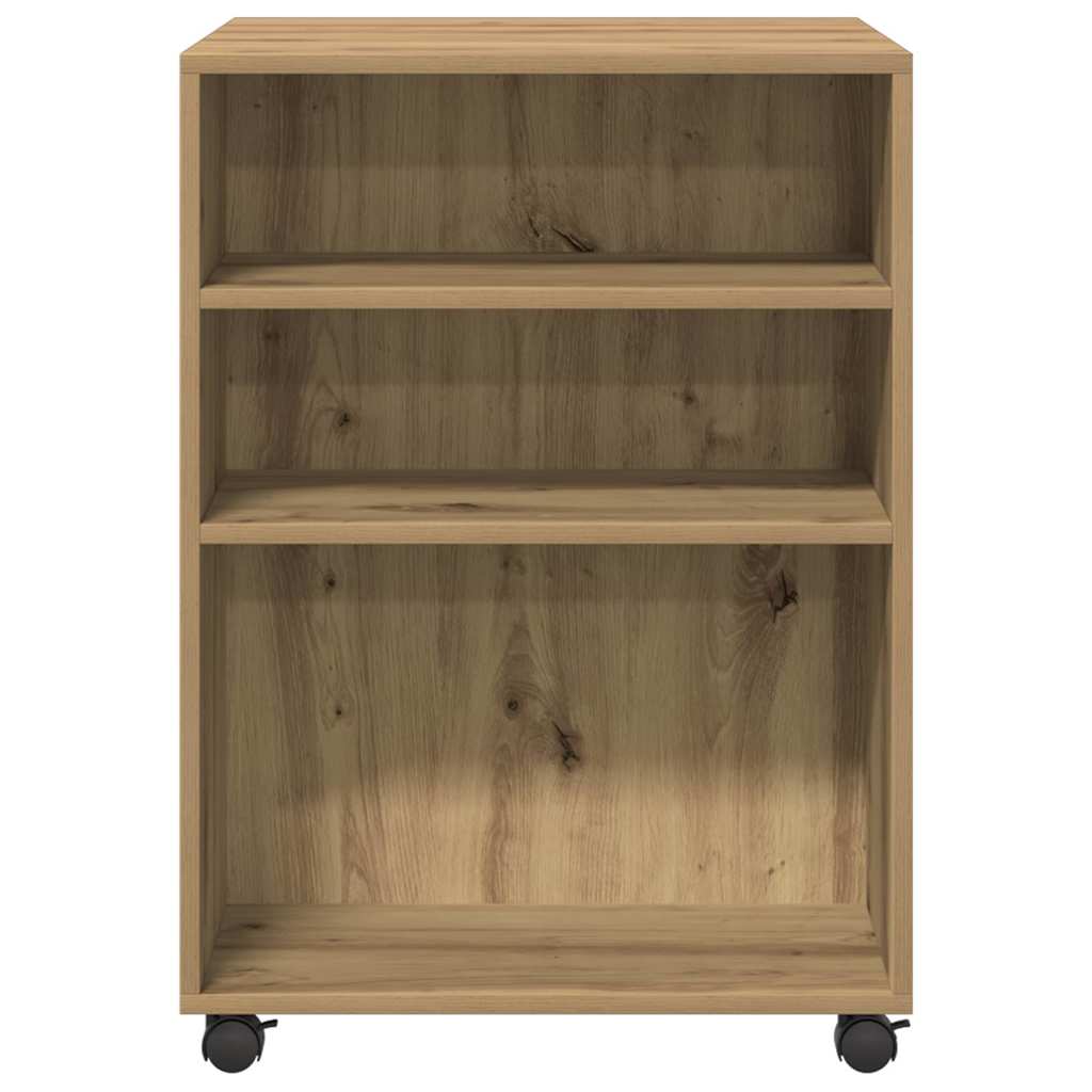 Barna tölgy színű szerelt fa kisasztal kerekekkel 55x60x78 cm