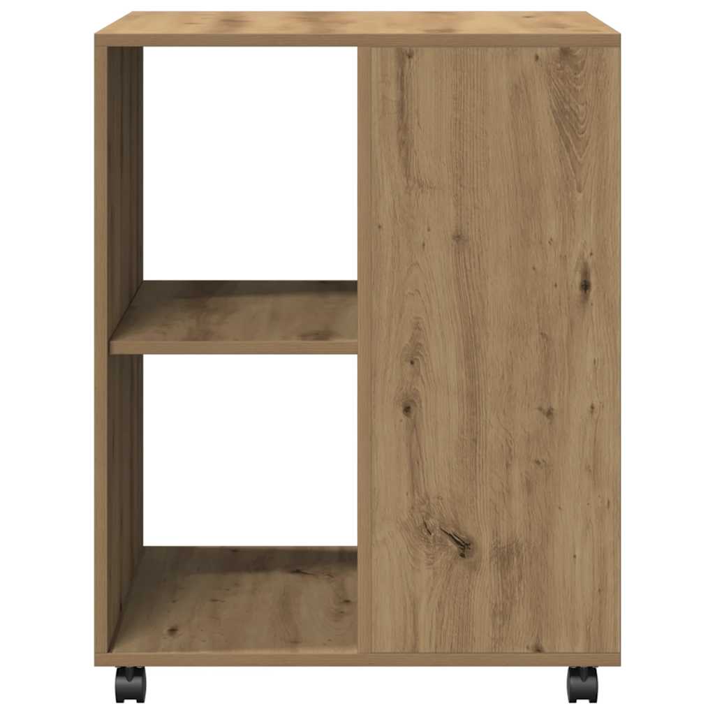 Barna tölgy színű szerelt fa kisasztal kerekekkel 55x60x78 cm