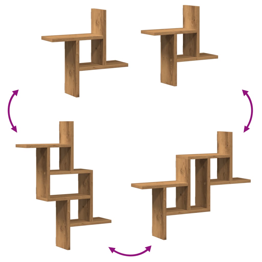 2 db kézműves tölgy színű szerelt fa fali polc 38 x 12 x 38 cm