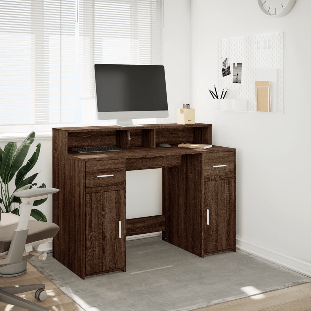 Barna tölgy színű szerelt fa íróasztal led-ekkel 120x55x91 cm