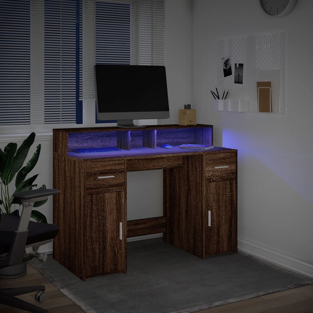 Barna tölgy színű szerelt fa íróasztal led-ekkel 120x55x91 cm