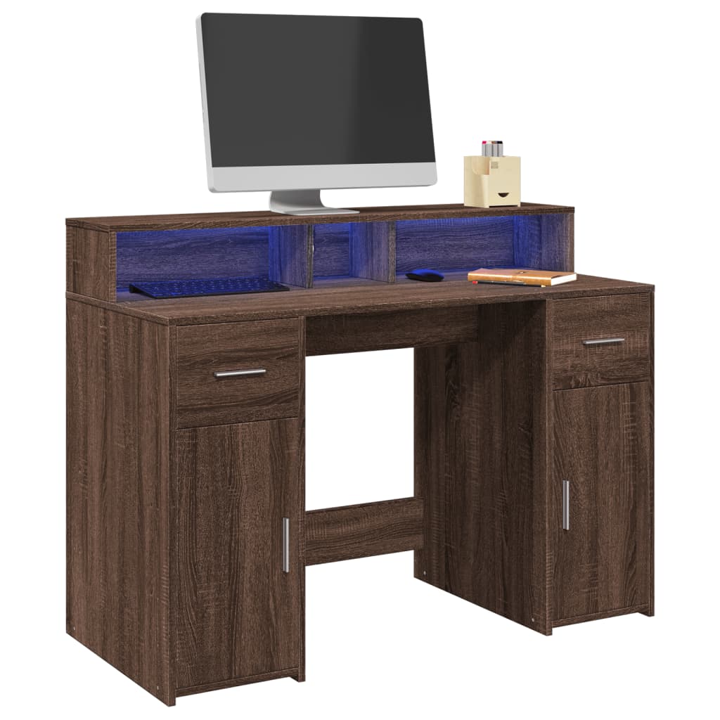 Barna tölgy színű szerelt fa íróasztal led-ekkel 120x55x91 cm