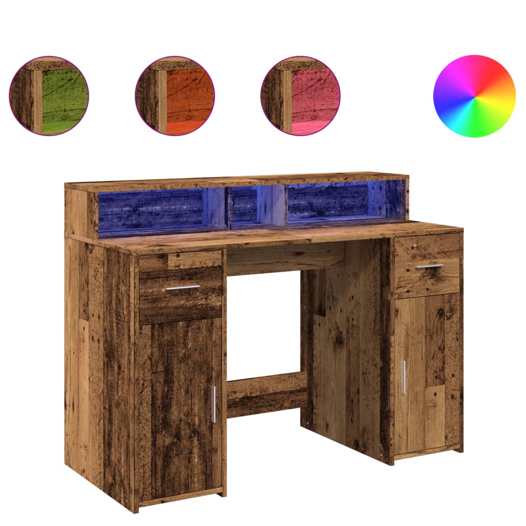 Antik fa színű szerelt fa íróasztal led-ekkel 120 x 55 x 91 cm