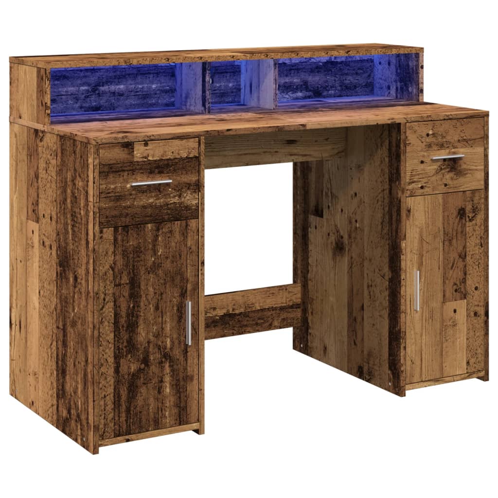 Antik fa színű szerelt fa íróasztal led-ekkel 120 x 55 x 91 cm