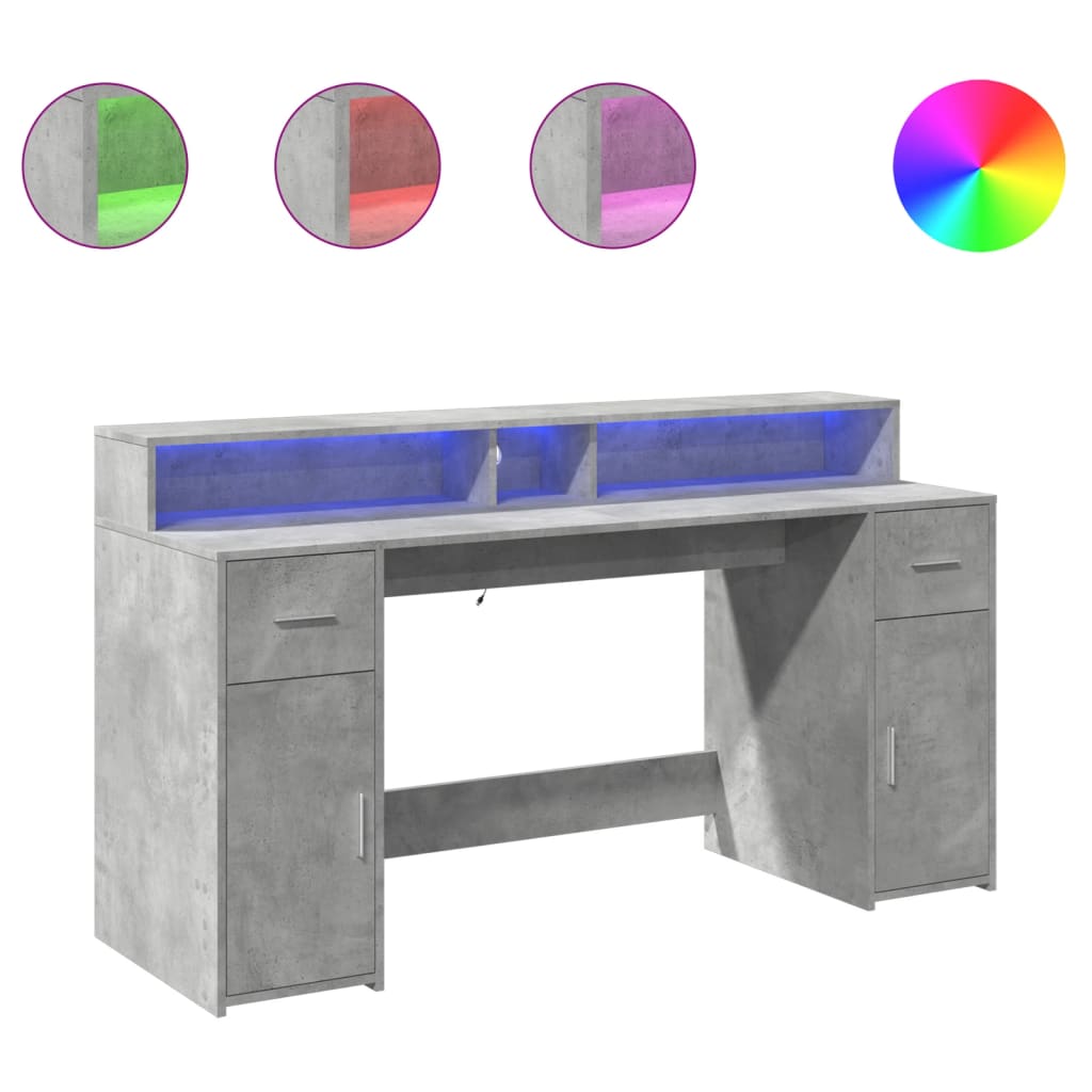 Betonszürke szerelt fa íróasztal led-világítással 160x55x91 cm