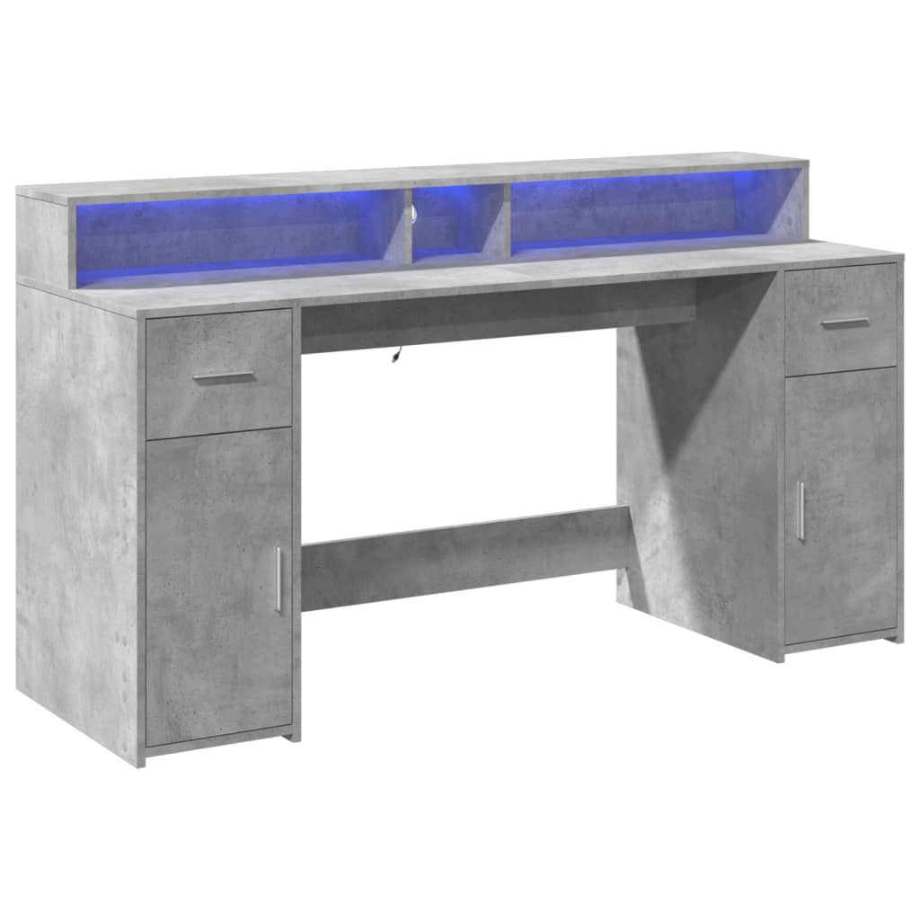 Betonszürke szerelt fa íróasztal led-világítással 160x55x91 cm