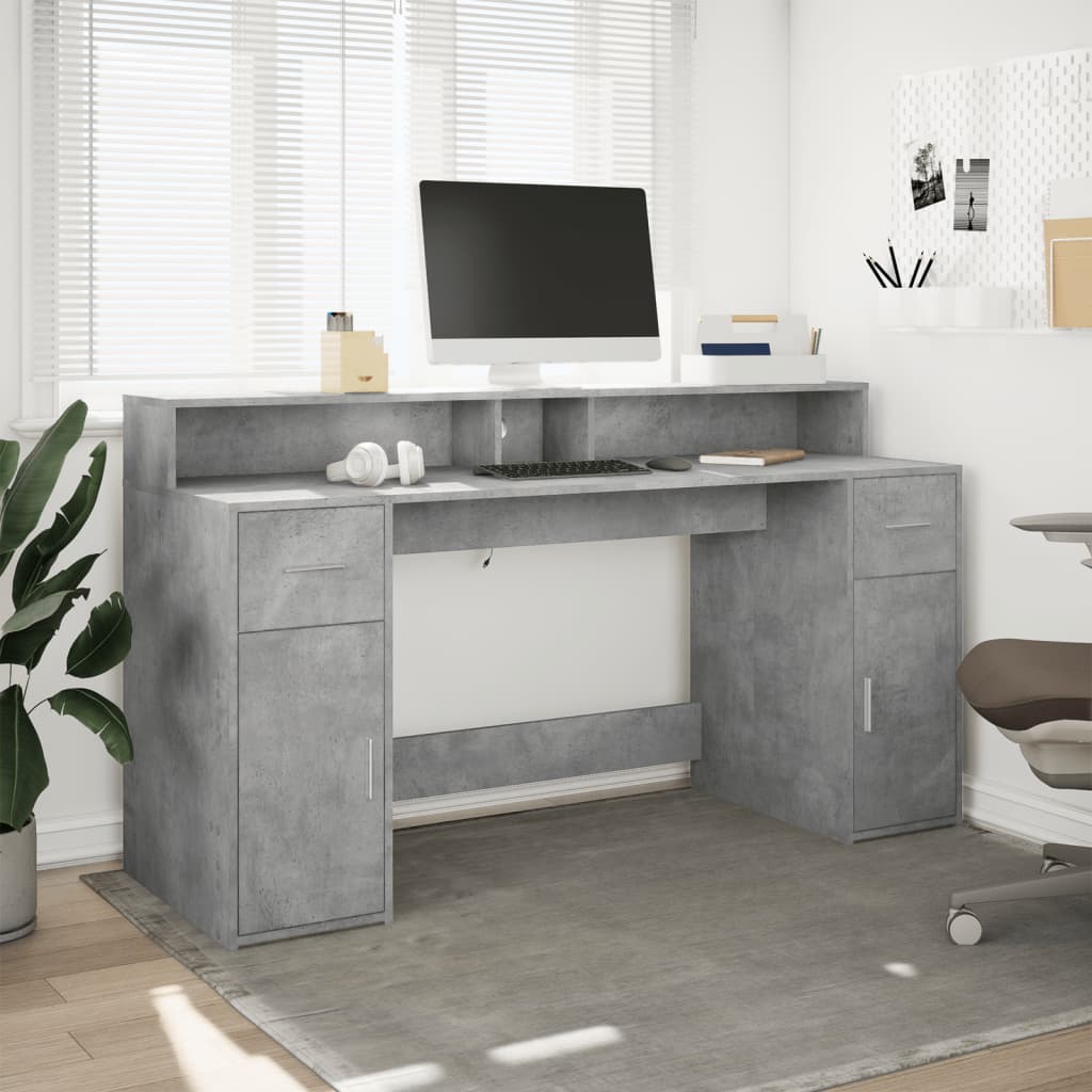 Betonszürke szerelt fa íróasztal led-világítással 160x55x91 cm