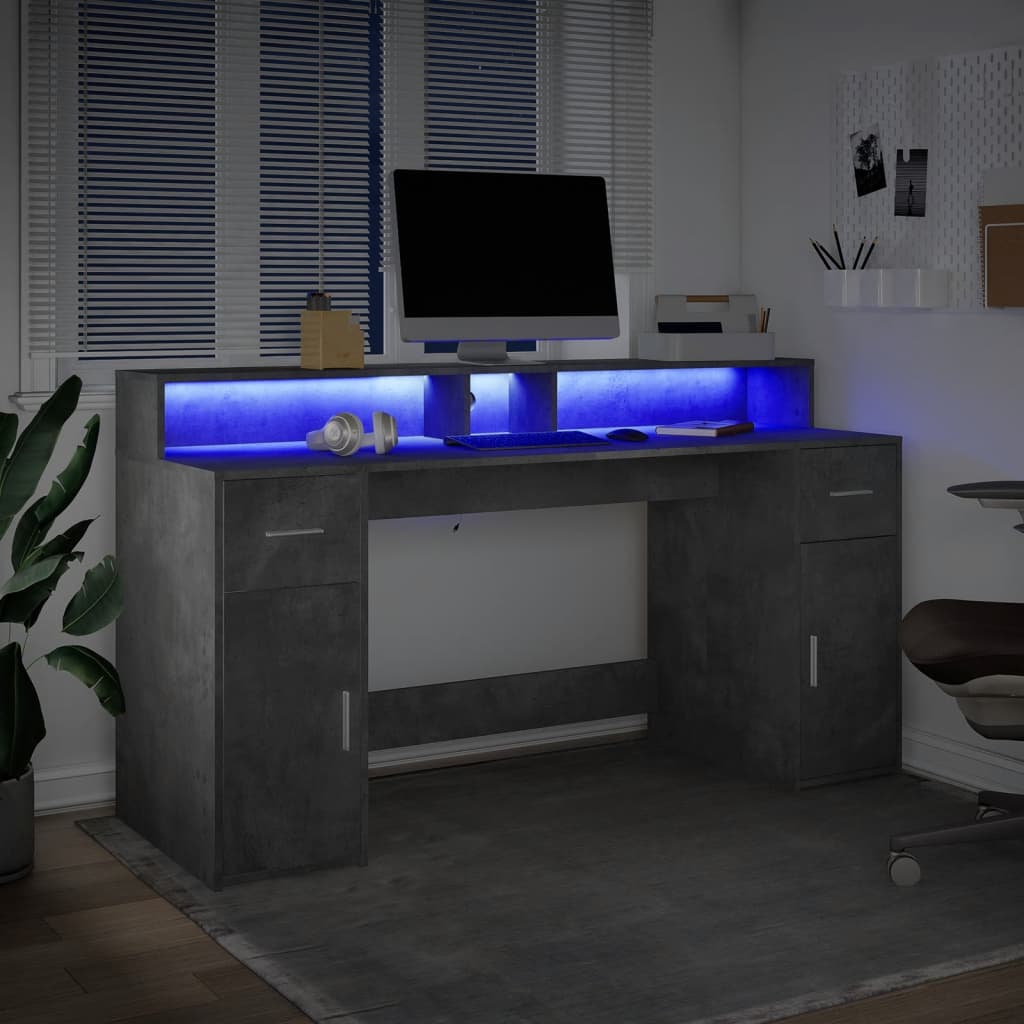 Betonszürke szerelt fa íróasztal led-világítással 160x55x91 cm