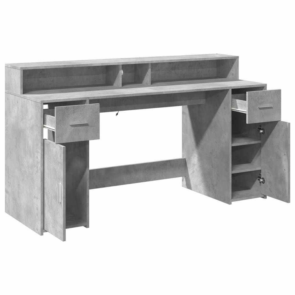 Betonszürke szerelt fa íróasztal led-világítással 160x55x91 cm