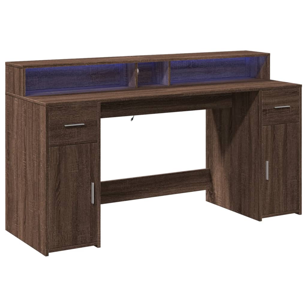 Barna tölgy színű szerelt fa íróasztal led-ekkel 160x55x91 cm