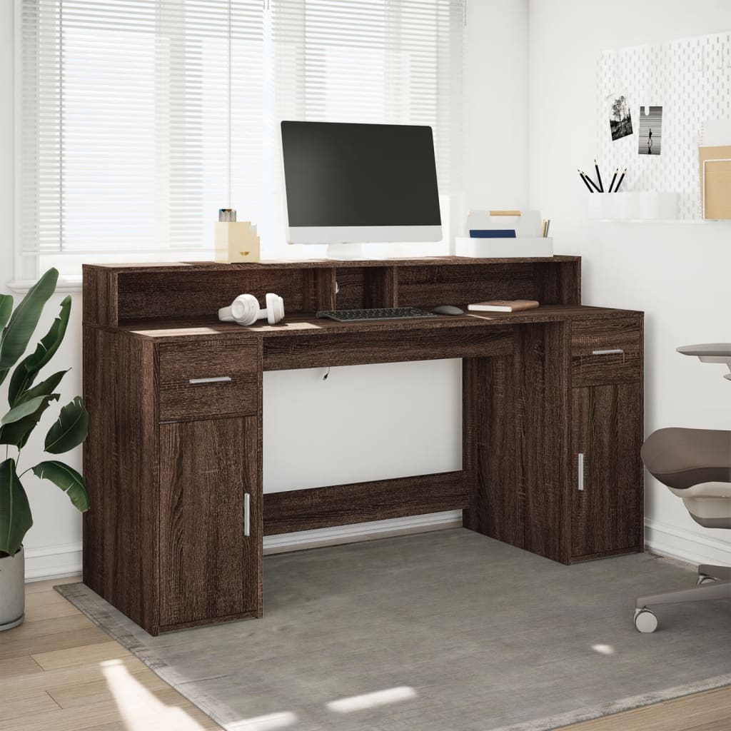 Barna tölgy színű szerelt fa íróasztal led-ekkel 160x55x91 cm