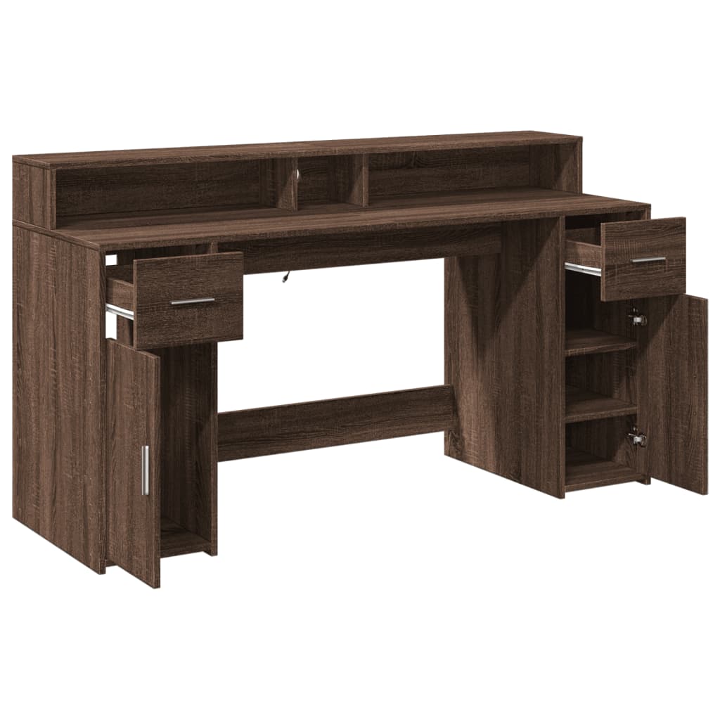 Barna tölgy színű szerelt fa íróasztal led-ekkel 160x55x91 cm