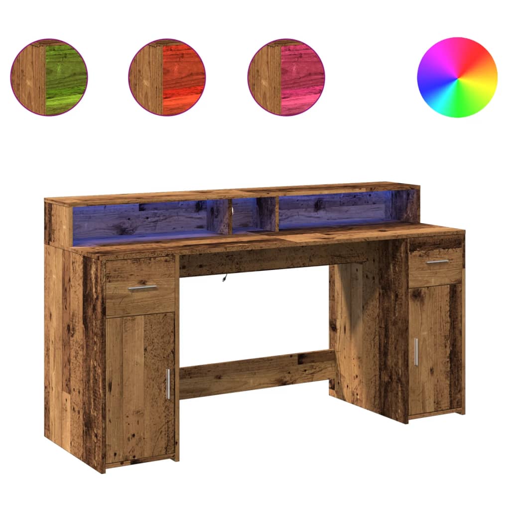 Antik fa színű szerelt fa íróasztal led-ekkel 160 x 55 x 91 cm