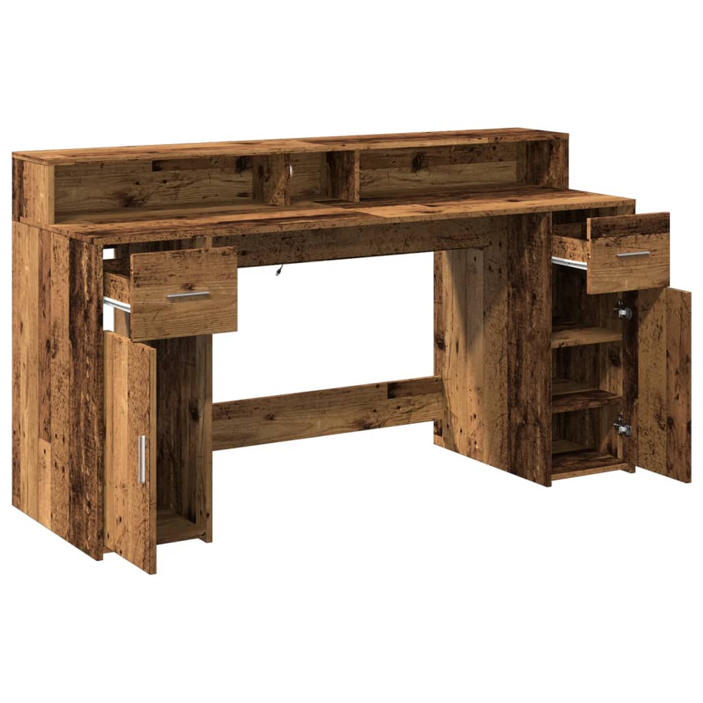 Antik fa színű szerelt fa íróasztal led-ekkel 160 x 55 x 91 cm