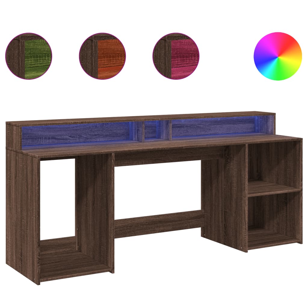 Barna tölgy színű szerelt fa íróasztal led-ekkel 200x55x91 cm