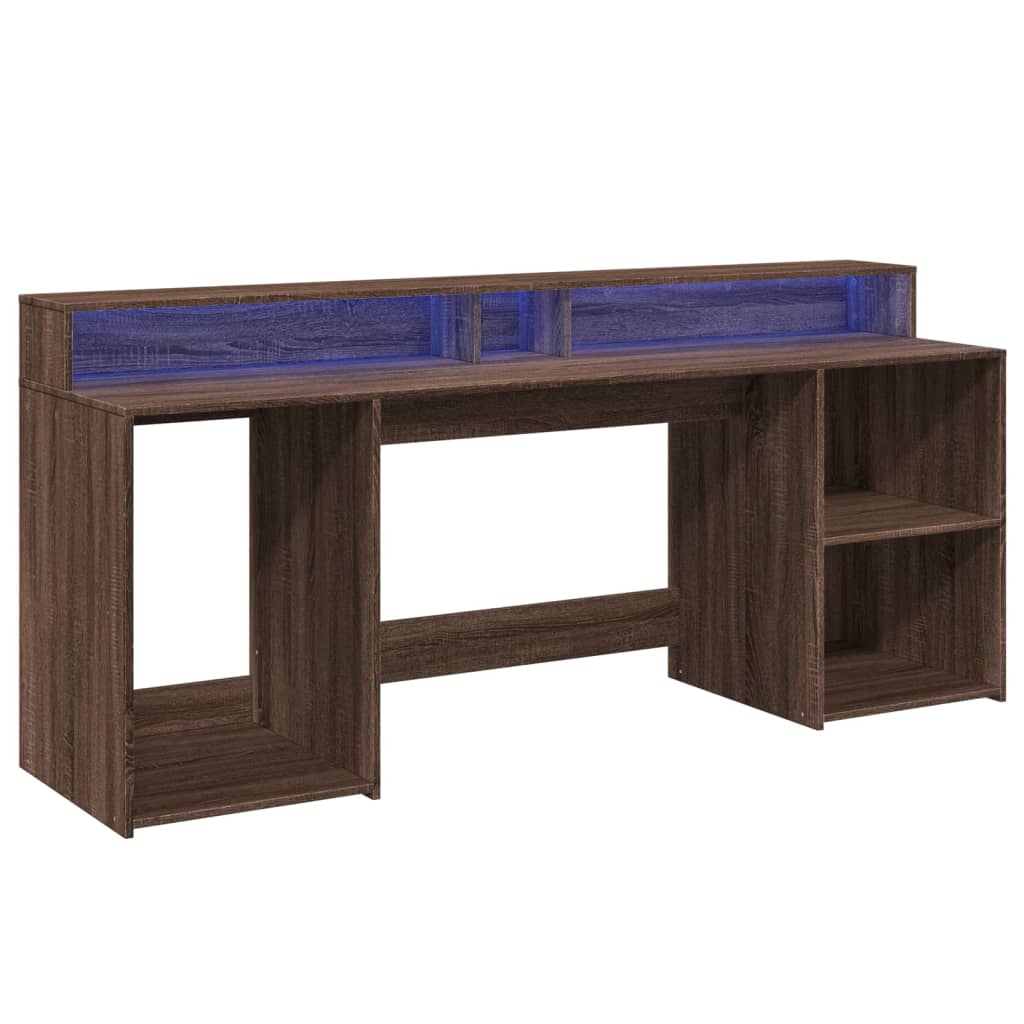 Barna tölgy színű szerelt fa íróasztal led-ekkel 200x55x91 cm
