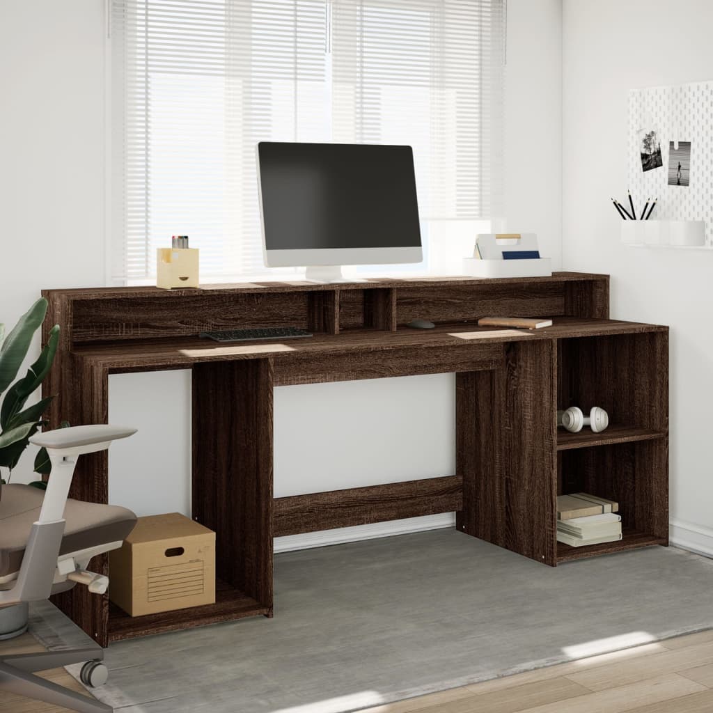 Barna tölgy színű szerelt fa íróasztal led-ekkel 200x55x91 cm