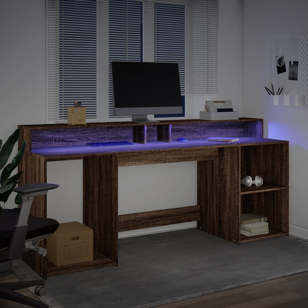 Barna tölgy színű szerelt fa íróasztal led-ekkel 200x55x91 cm