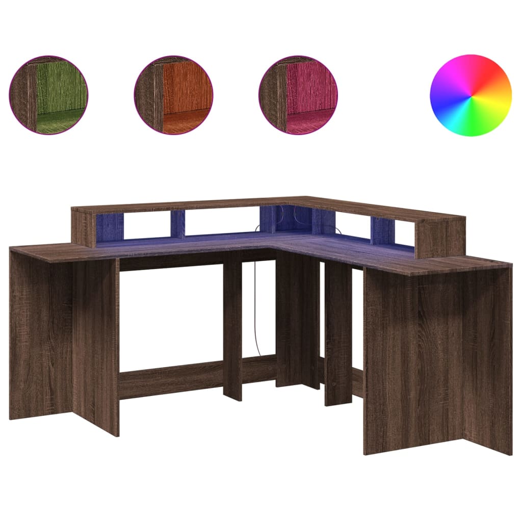 Barna tölgy színű szerelt fa íróasztal led-ekkel 152x152x91 cm
