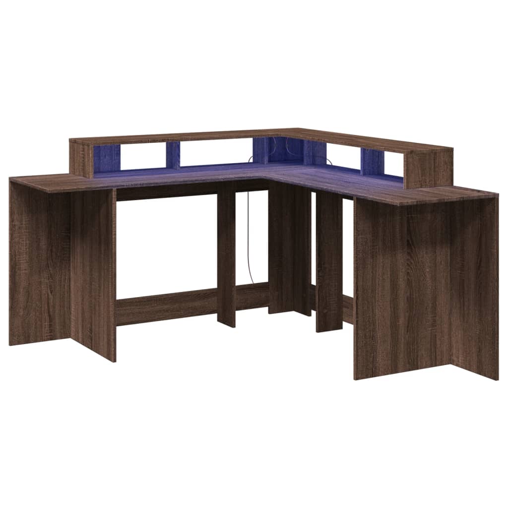 Barna tölgy színű szerelt fa íróasztal led-ekkel 152x152x91 cm