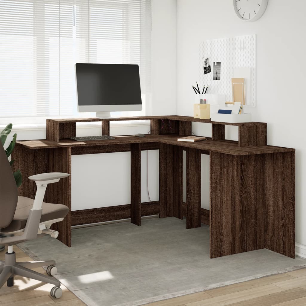Barna tölgy színű szerelt fa íróasztal led-ekkel 152x152x91 cm
