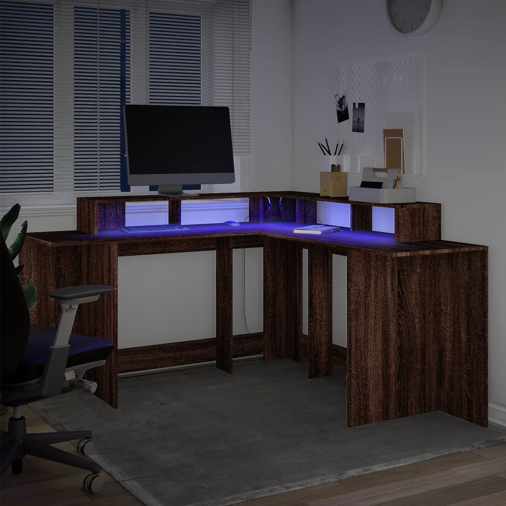 Barna tölgy színű szerelt fa íróasztal led-ekkel 152x152x91 cm